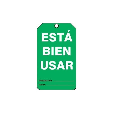 Accuform Spanish Safety Tags, EQUIPMENT STATUS OK TO USE, 5.75in x 3.25in, RP-Plastic, 25PK SHMGT217PTP